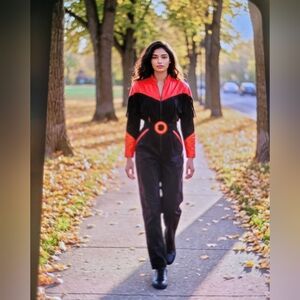 VINTAGE 1980'S RED LEATHER AND BLACK SUEDE FRINGE WOMEN'S JUMPSUIT